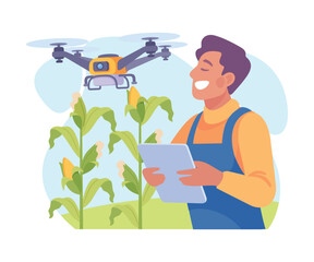 Farming Technology with Man Farmer Managing Drone Vector Illustration