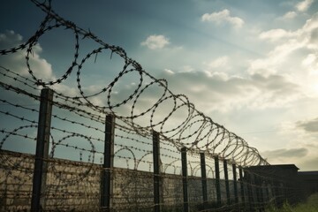 Obraz premium Protection and Security - Barbed Wire Fence at European Border for Refugee and Migration with Metal Wire and Sky in Background
