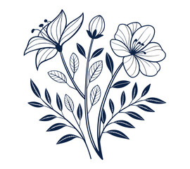 One line art drawing vector Set of botanical line art abstract flowers.Hand drawn sketch floral leaves isolated on white background.