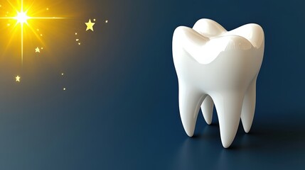 Shiny White Tooth with Sparkling Stars on a Blue Background
