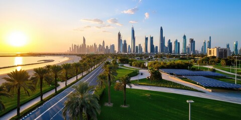 City skyline with solar panels integrated into buildings, emphasizing urban renewable energy solutions