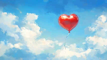 Fototapeta premium Red Heart Shaped Balloon Ascending in a Blue Sky with Fluffy White Clouds