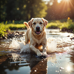 Happy Labrador splashing in sunlit stream