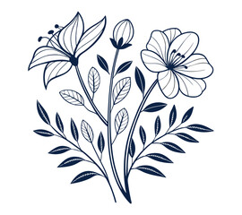 One line art drawing vector Set of botanical line art abstract flowers.Hand drawn sketch floral leaves isolated on white background.