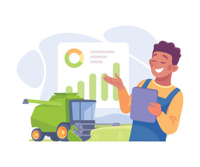 Farming Technology with Man Farmer Monitor on Tablet Vector Illustration