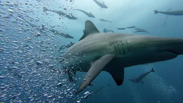 close-up Blacktip shark gliding through silvery fish school, hunting in crystal-clear waters of aliwal shoal, south africa, showcasing marine predator dynamics