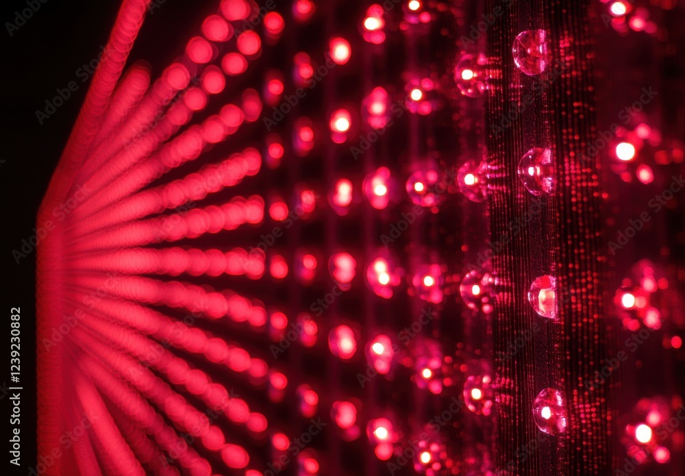 Poster close-up of bright red led lights creating a symmetrical pattern with glowing reflection on a black 
