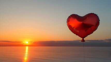 Obraz premium A single heart-shaped balloons floating near a sunset against pure white background