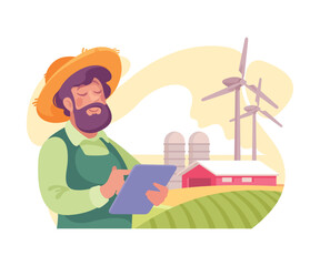 Farming Technology with Man Farmer with Tablet Vector Illustration