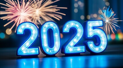 Happy New Year 2025 Celebration - Illuminated 2025 digits against a backdrop of festive fireworks, ideal for New Year's greetings and celebrations.