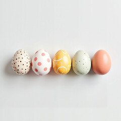 Colorful decorated Easter eggs in pastel hues on white background