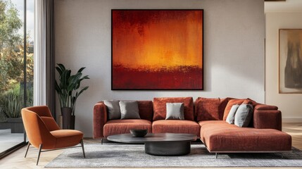 Modern Living Room with Burnt Orange Sectional Sofa and Abstract Art
