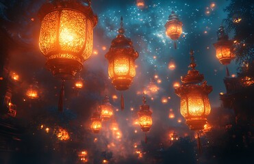 Magical Night with Glowing Orange Lanterns Against a Starry Blue Sky

