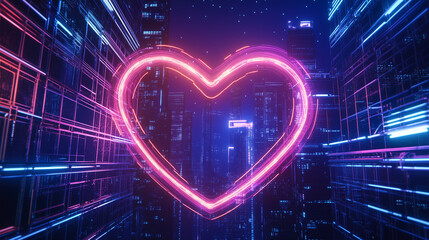 A vibrant, heart-shaped neon cityscape surrounded by futuristic architecture and digital glow, embodying a high-tech, romantic Valentineâs Day atmosphere. A perfect mix of love and
