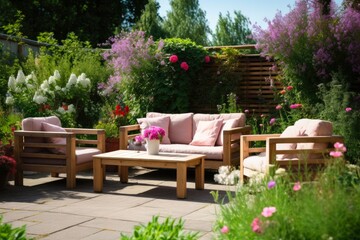 Fototapeta premium Relax in Style with a Rattan Patio Set: Sofa, Table, and Chair on Wooden Deck with Sunny Garden View