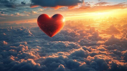 Fototapeta premium Red Heart Shaped Balloon Soaring Above Clouds at Sunset