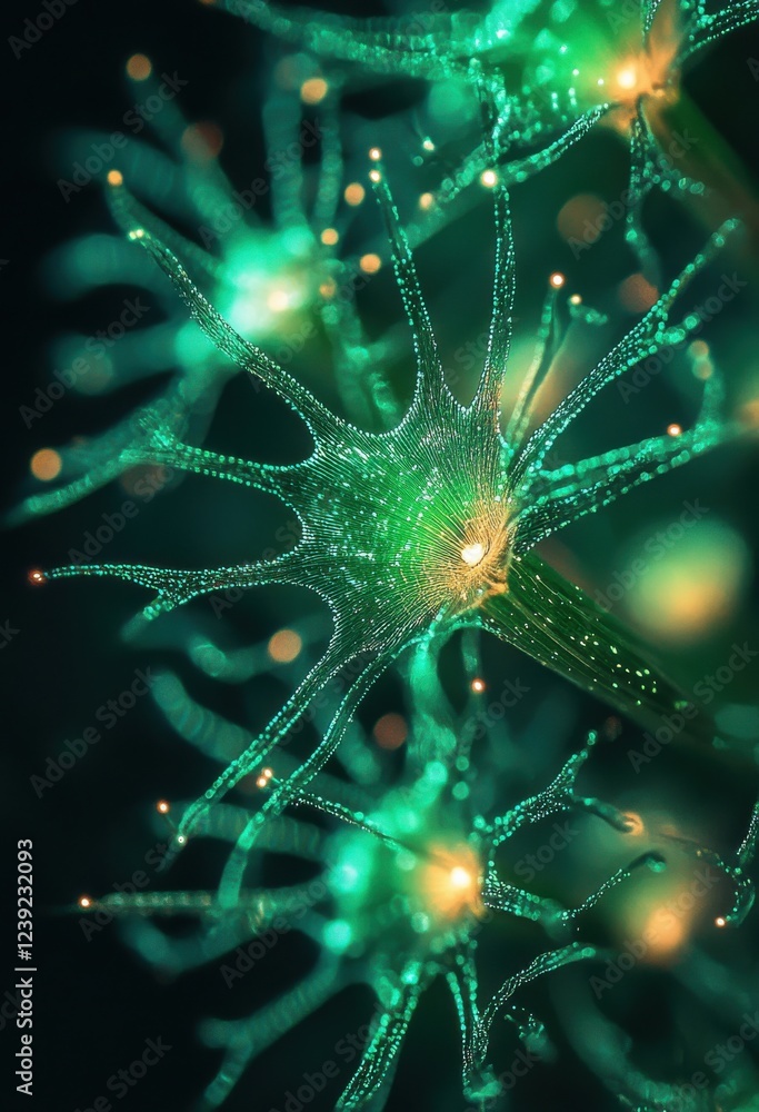 Poster close-up of vibrant green glowing neurons with luminous connections on a dark background representin