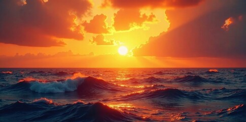 Fototapeta premium Fiery orange and gold sunset hues paint the Pacific's vast expanse , light, panorama