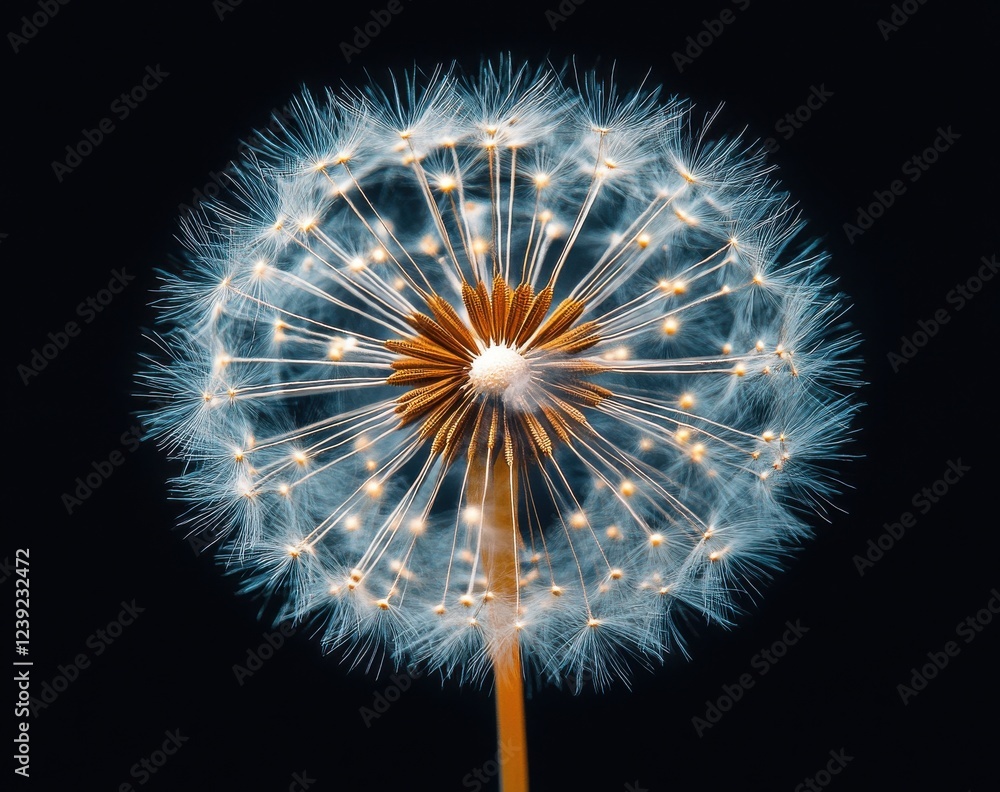 Poster close-up view of a dandelion seed head displaying delicate texture and intricate details against a d