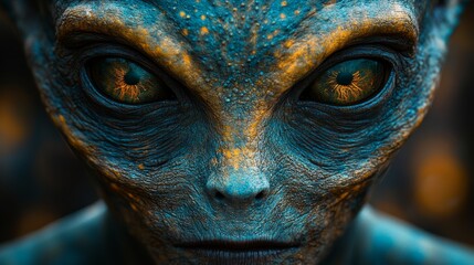 A blue and yellow alien with glowing eyes stares at the camera