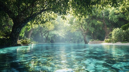 Fototapeta premium A tranquil lagoon bordered by tropical trees and crystal-clear waters