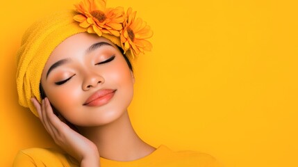 Fototapeta premium A smiling young woman with closed eyes, wearing a yellow towel and adorned with bright flowers, exudes joy against a vibrant yellow background, Ideal for wellness, beauty, or skincare promotions,