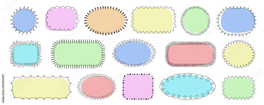 Poster set of hand drawn scribble frames and text boxes. oval, rectangle, circle playful frame collection. 