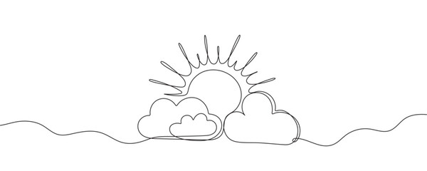 sun and clouds, sun behind cloud simple drawings in one line style. vector illustration
