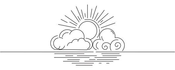 sun and clouds, sun behind cloud simple drawings in one line style. vector illustration