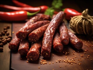 Selective Focus Beef Sticks and Sausages Closeup on a Paper Background - Delicious Snack or Meal Idea with Polish Sausage and Pepper