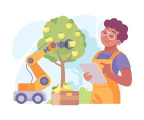 Farming Technology with Man Farmer Harvest Apple with Robotic Arm Monitor in Tablet Vector Illustration