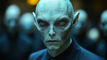 A man with a blue face and a green eye stares at the camera