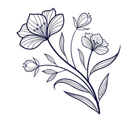 One line art drawing vector Set of botanical line art abstract flowers.Hand drawn sketch floral leaves isolated on white background.