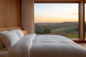 A modern bedroom with a cozy bed and large window overlooking a beautiful countryside landscape at sunset, creating a peaceful atmosphere.  
