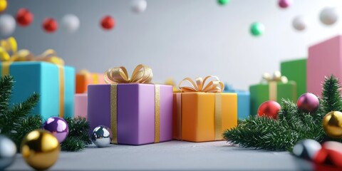 Holiday shopping scene featuring colorful gift boxes and festive decorations