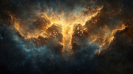 Obraz premium Cosmic Nebula: Golden Clouds and Stellar Dust in a Dramatic Spacecape