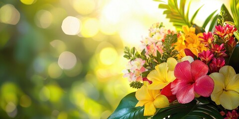 Vibrant floral arrangement in lush tropical surroundings, bright daylight ambiance