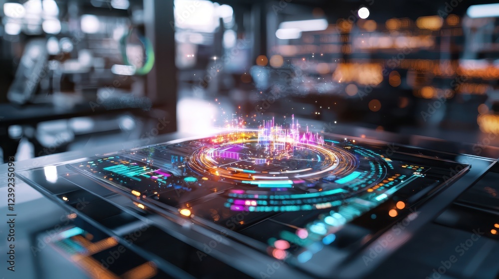 Poster visualizing real-time analytics on a dynamic holographic dashboard in a futuristic workspace with hi