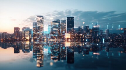 Illuminating holographic displays transform urban skyline at night city environment gigapixel viewpoint futuristic concept