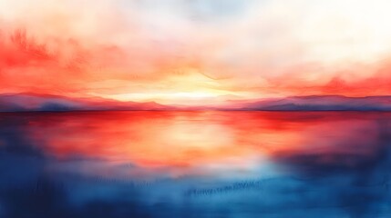 Naklejka premium Vibrant Sunset Over Calm Water and Distant Mountains