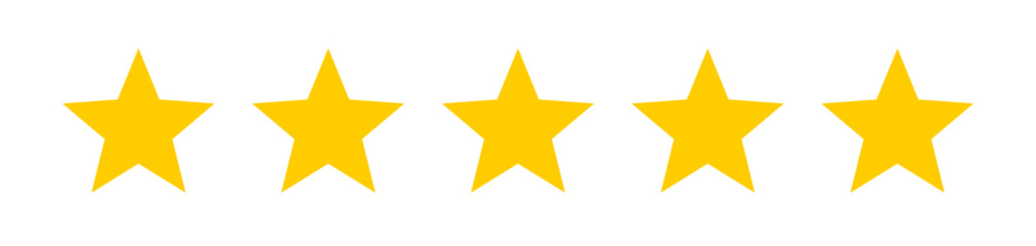 5 Yellow Pointed Stars. 5 gold star vector icon