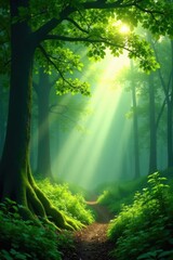 Obraz premium Misty green forest, sunlight filtering through leaves, mist, perspective