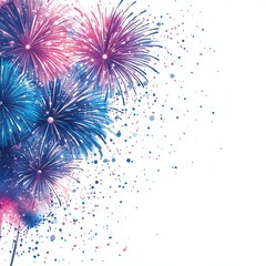 Colorful display of fireworks bursting in the night sky, featuring vibrant blue, pink, and purple explosions with sparkling trails and bright background