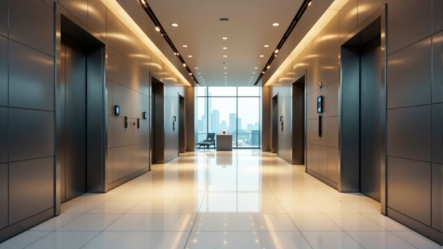 Modern elevator lobby with sleek design and city skyline views during daylight hours