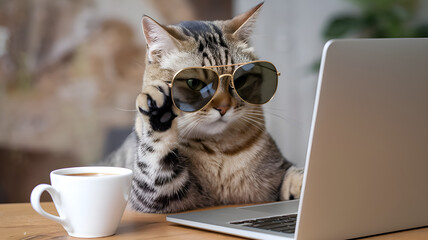 A White Cat Wearing Sunglasses On Vacation, Watching Laptop HD wallpaper