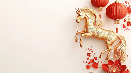 beautiful golden horse symbol of asian chinese new year 2026 with chinese lanterns and flowers