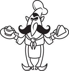 Logo male cook. Chef holds a ready dish. Kitchen. Cooking. Drawing. Minimalism. Linear isolated character. Outline.