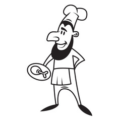Logo male cook. Chef holds a ready dish. Kitchen. Cooking. Drawing. Minimalism. Linear isolated character. Outline.