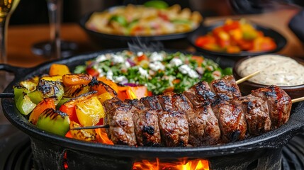 Sizzling Grilled Skewers and Fresh Salad - Juicy grilled meat skewers, vibrant vegetables, and a refreshing salad create a feast for the senses.  Flame-grilled perfection, healthy ingredients