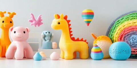 Colorful assortment of 3D printed toys on a light neutral surface, illustrating creativity in modern manufacturing